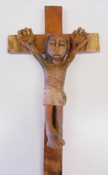 Crucifix: clay corpus on mesquite wood